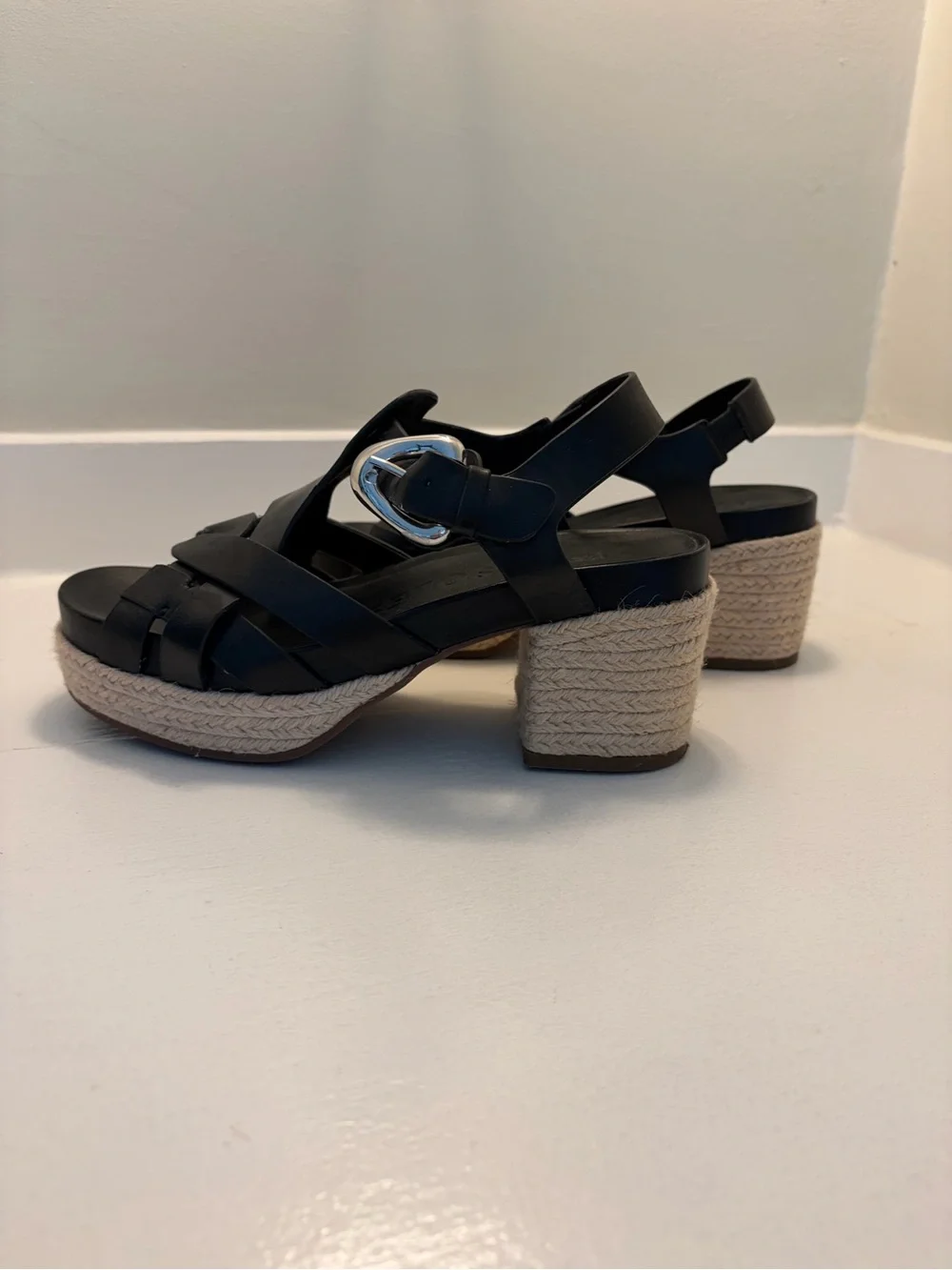 Black Platform Espadrille Sandals with Silver Buckle